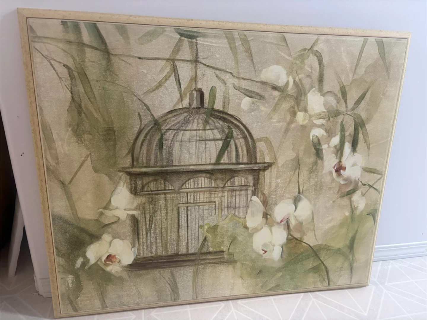 Framed Birdcage and Orchid Art Print