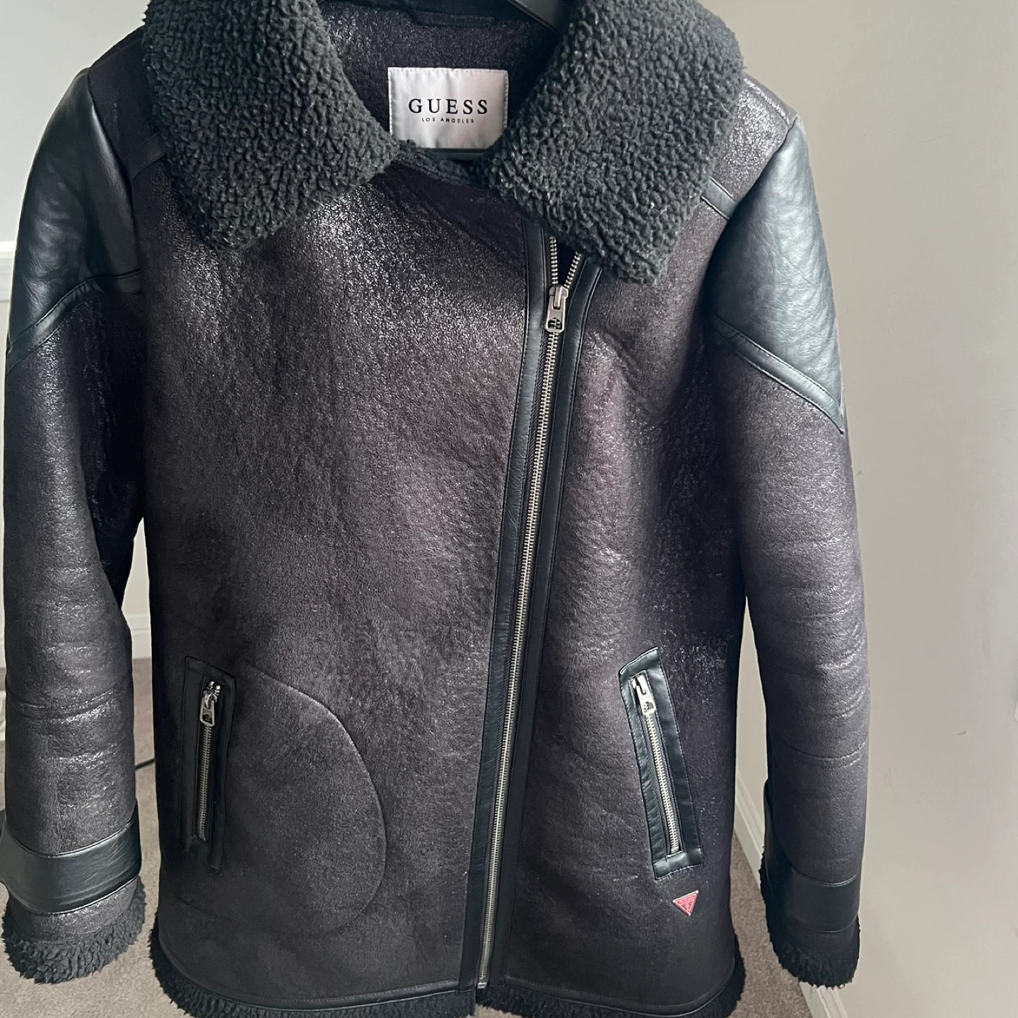 Guess Black Faux Shearling Lined Biker Jacket