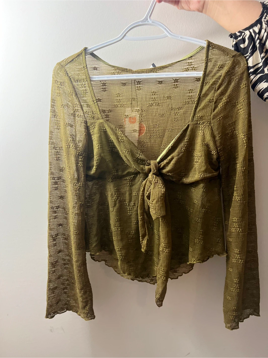 Green Tie-Front Mesh Long Sleeve Top