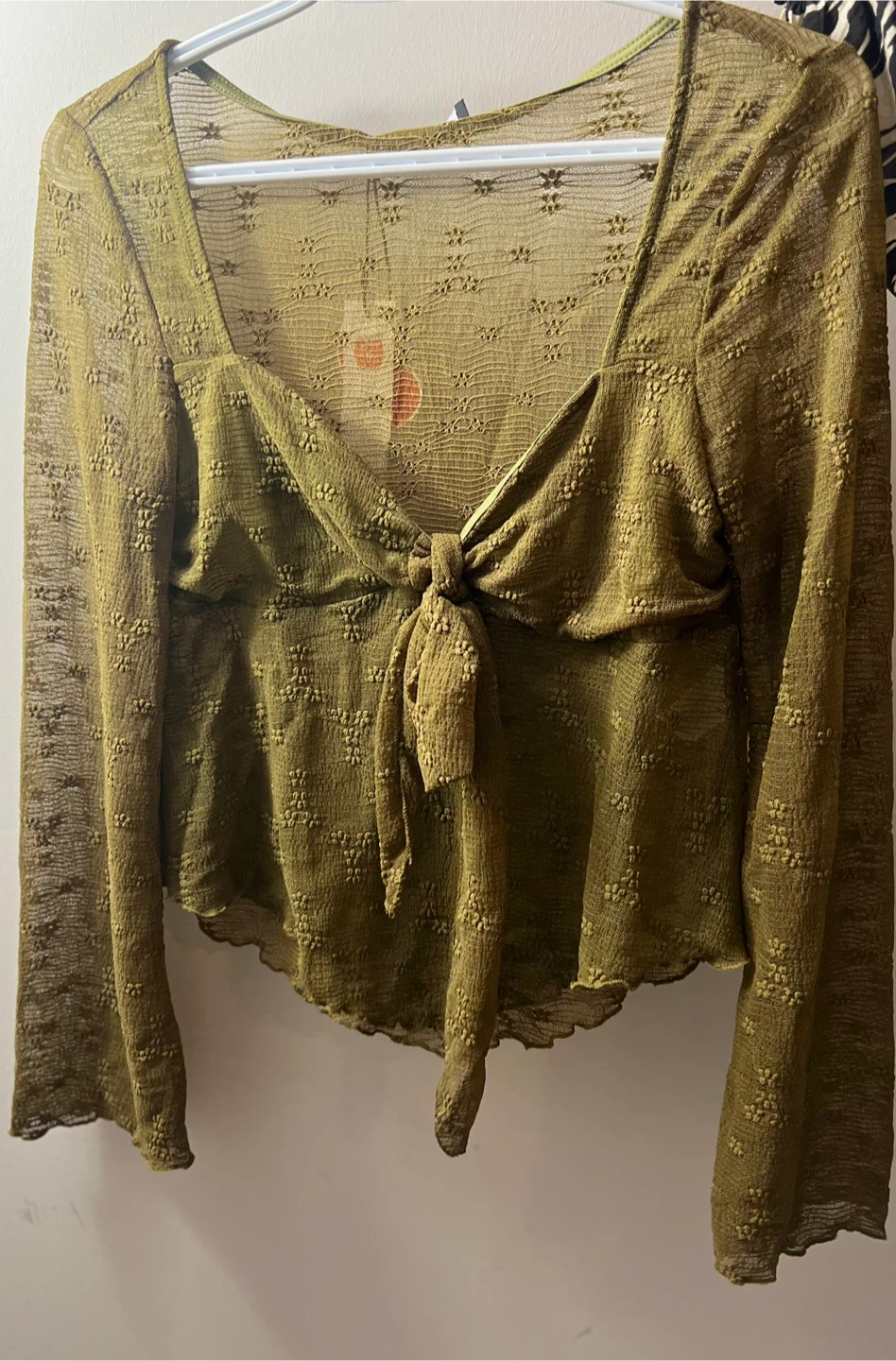 Green Tie-Front Mesh Long Sleeve Top - photo 2
