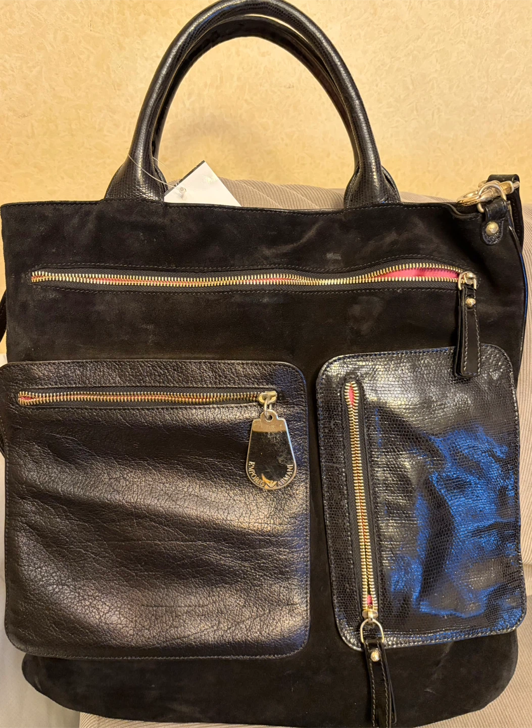 Emporio Armani Black Leather Tote Bag with Shoulder Strap