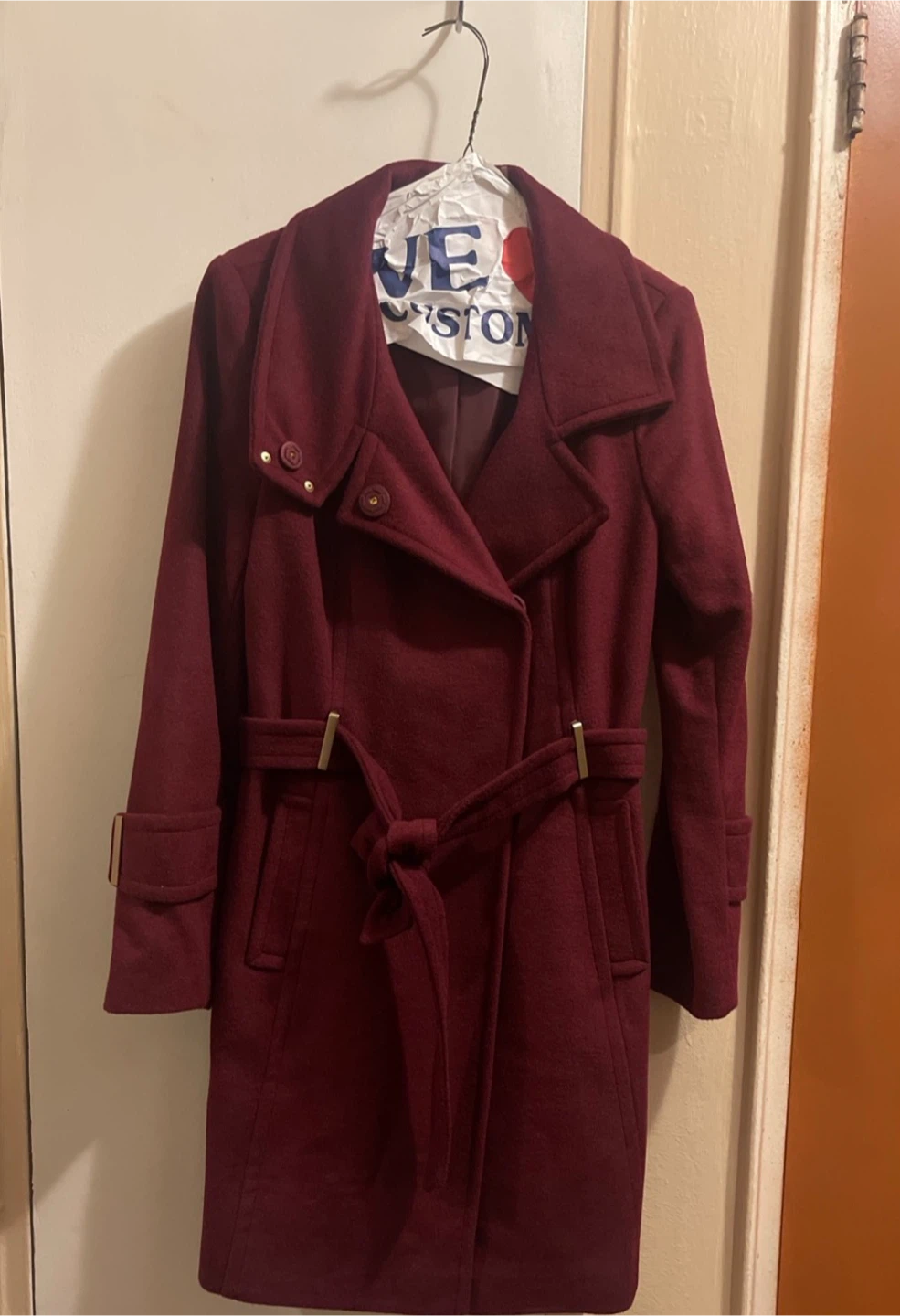 T Tahari Burgundy Double-Breasted Wool Blend Coat