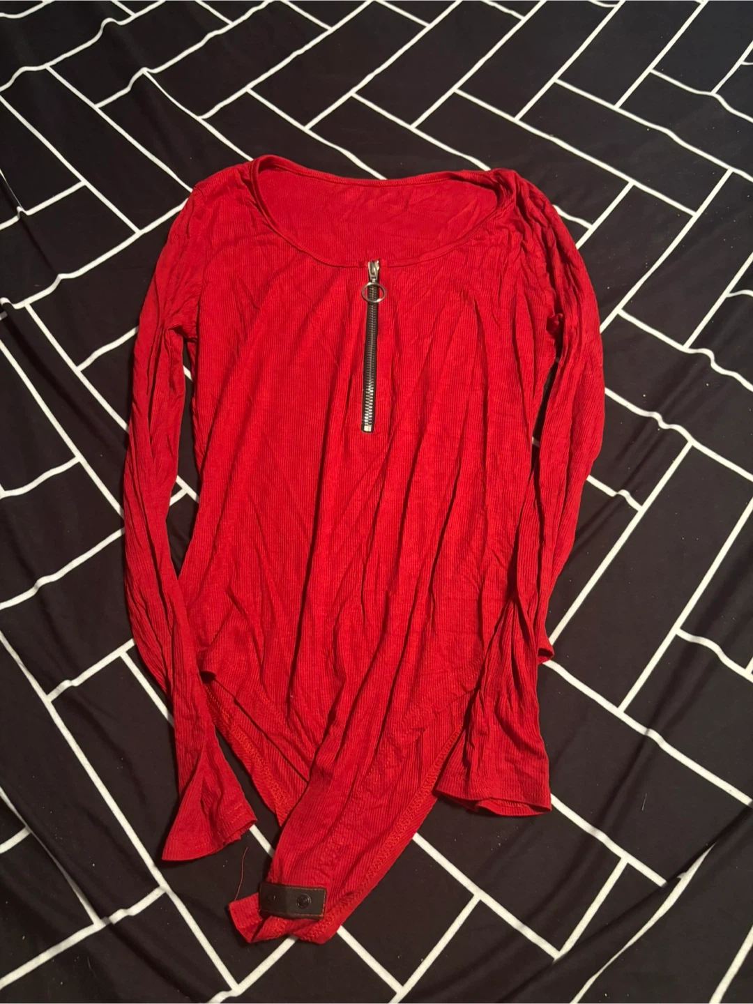 Red Ribbed Long Sleeve Bodysuit with Zipper