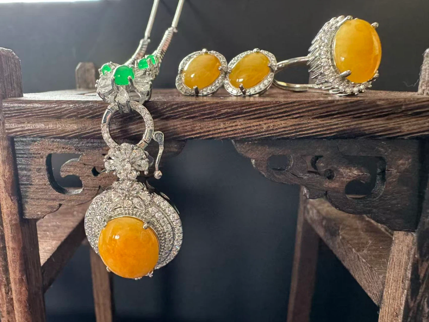 Rare Yellow Jade Necklace, Ring, and Earrings Set