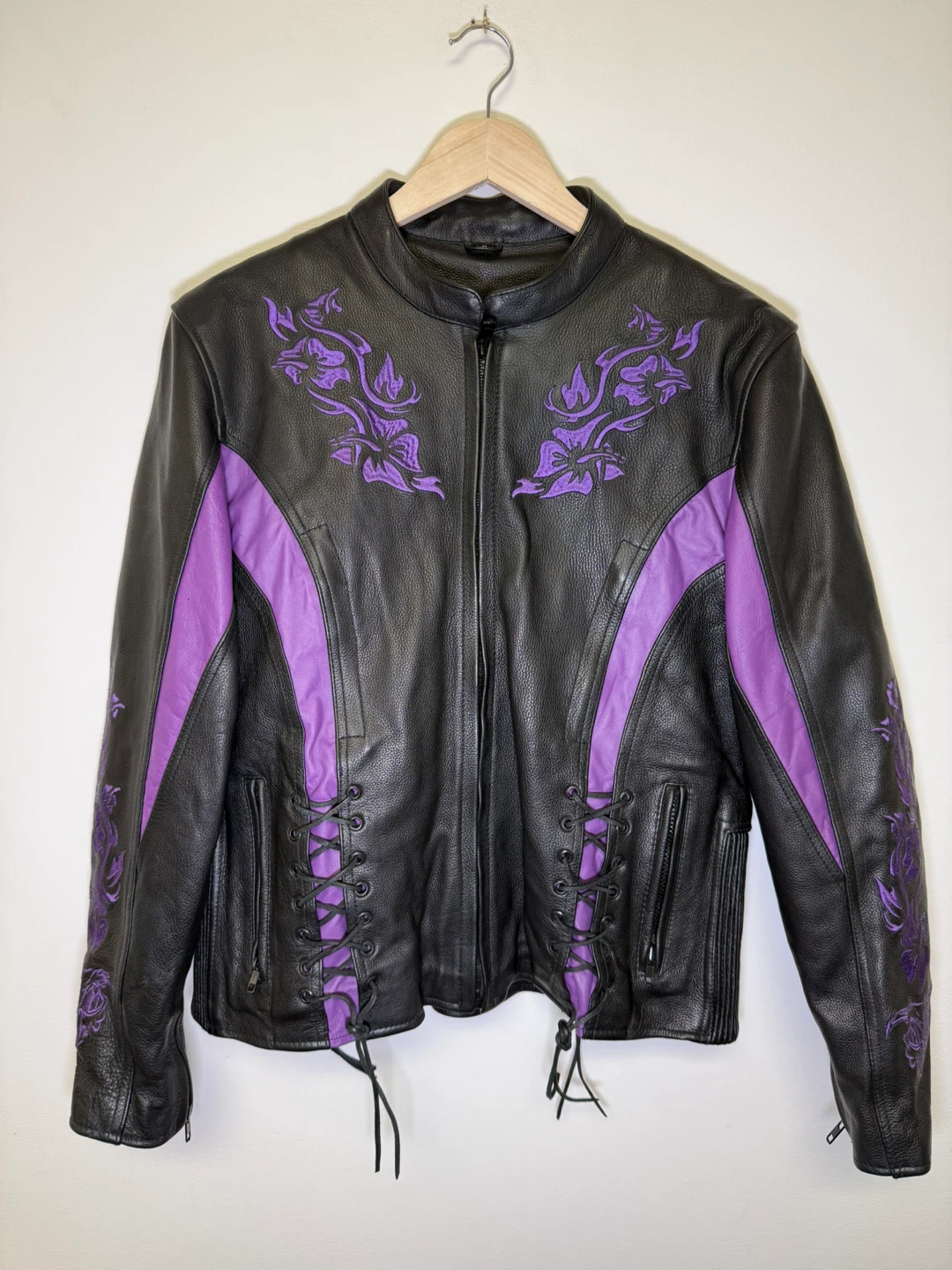 Xelement One Stop Biker Shop Leather Jacket with Purple Accents