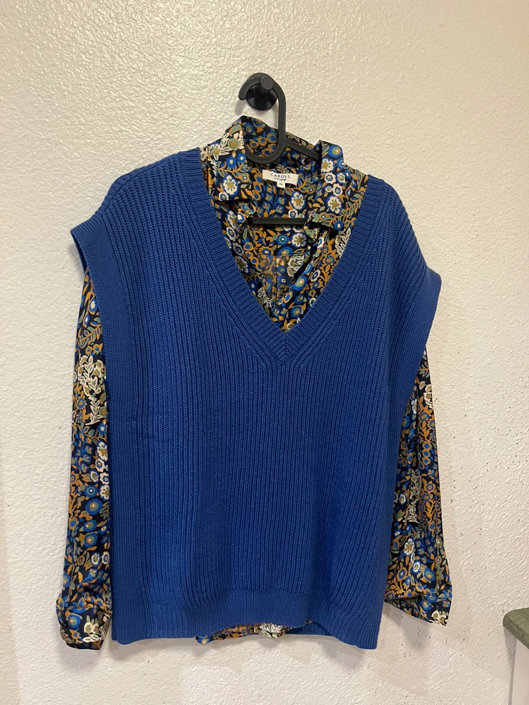 Blue V-neck Knit Vest with Floral Print Button-Up Shirt