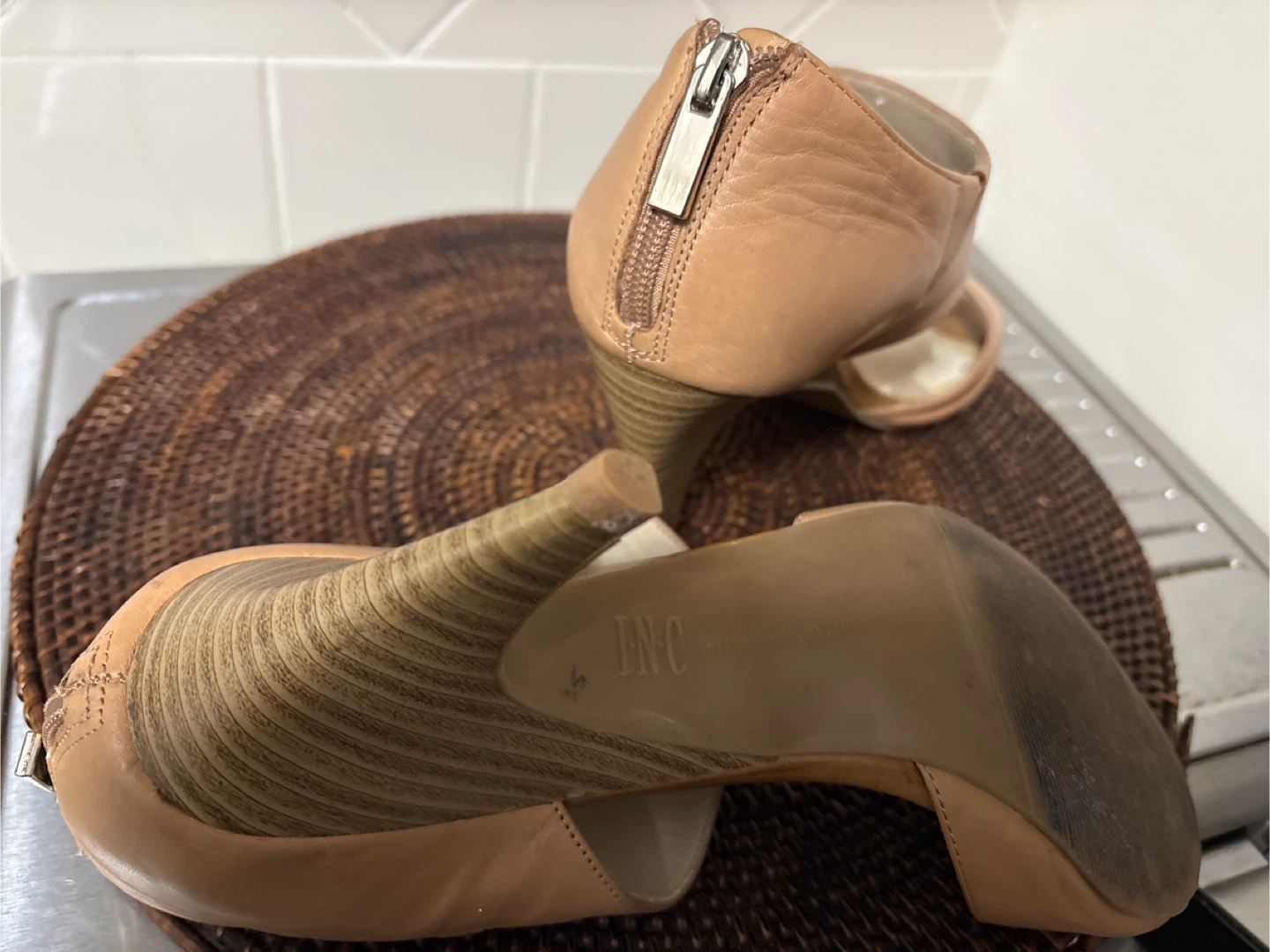 INC International Concepts Women's Tan Leather Peep-Toe Heels