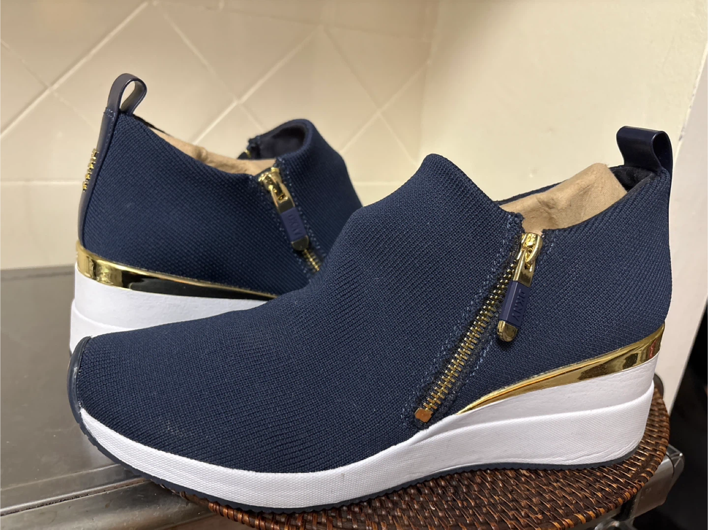 DKNY Navy Blue Wedge Sneakers with Gold Accents