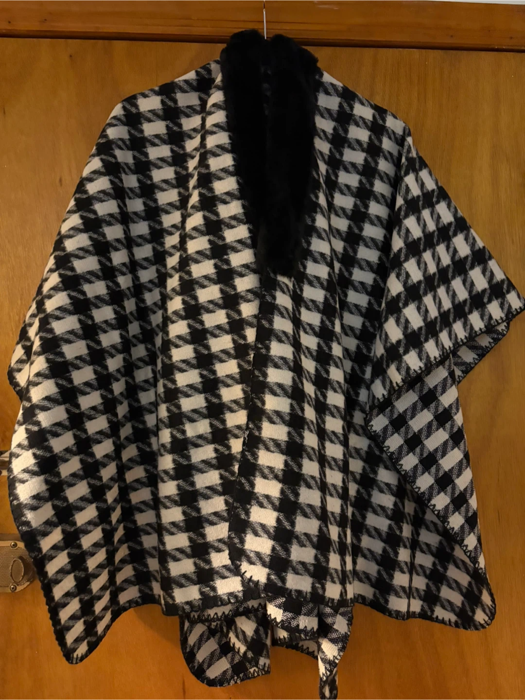 LOFT  Houndstooth Poncho with Faux Fur Trim - Size M