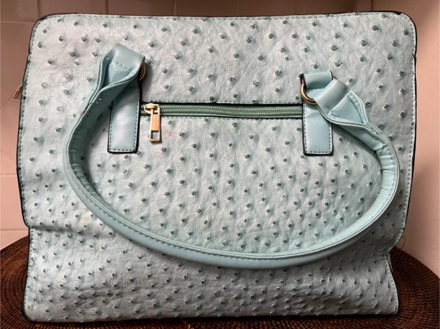 Light Blue Ostrich Embossed Handbag with Shoulder Strap - photo 2