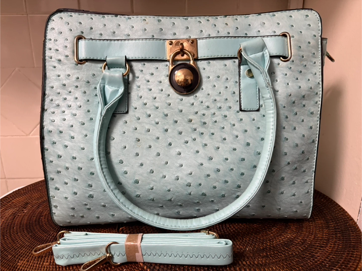 Light Blue Ostrich Embossed Handbag with Shoulder Strap