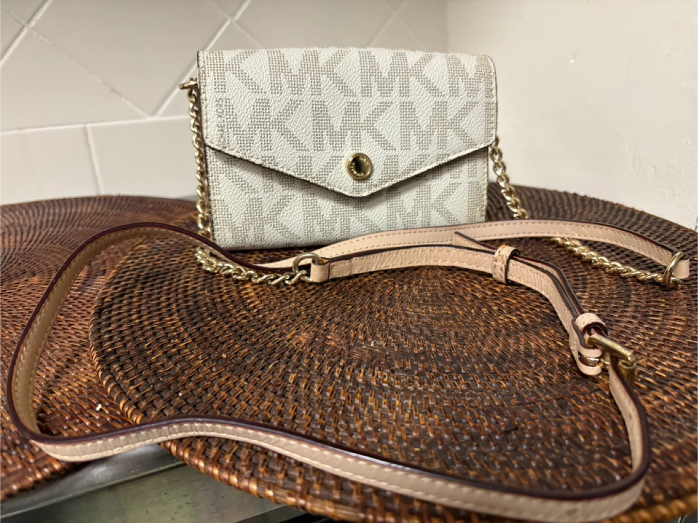 Michael Kors White "MK" Logo Chain Shoulder Bag