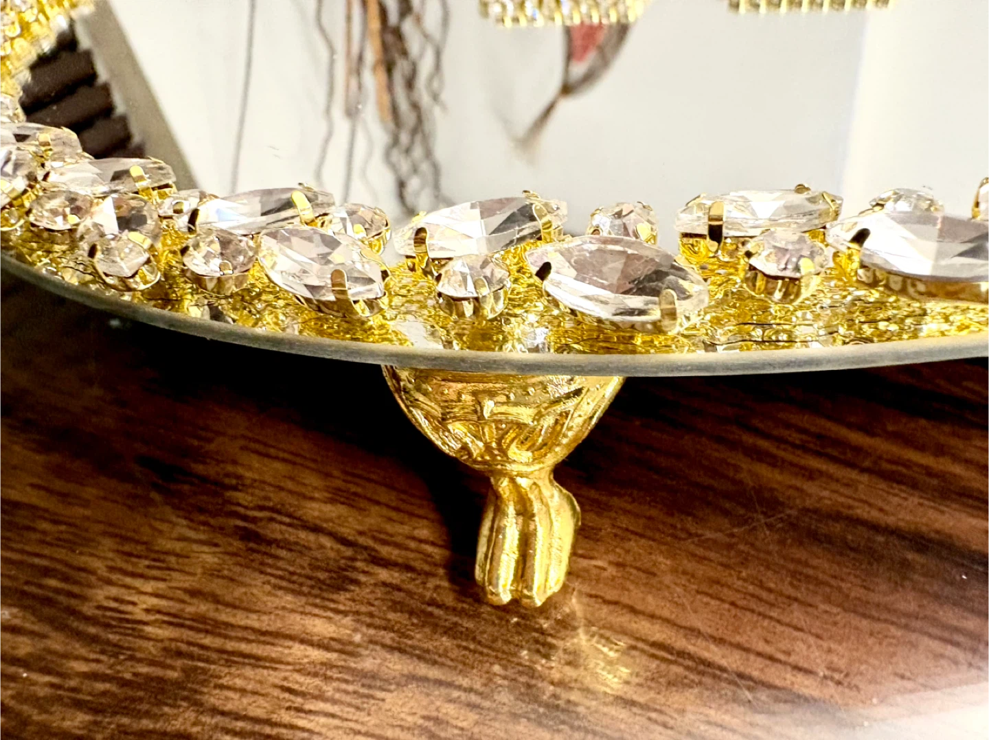 Round mirror tray with gold glass crystal rhinestone trim - photo 3