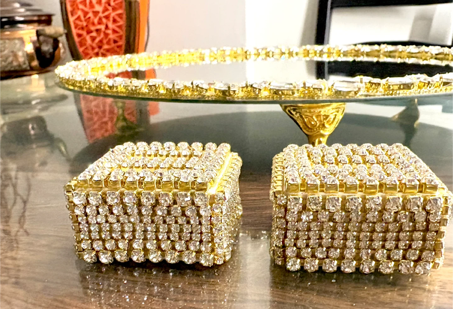 Round mirror tray with gold glass crystal rhinestone trim - photo 5