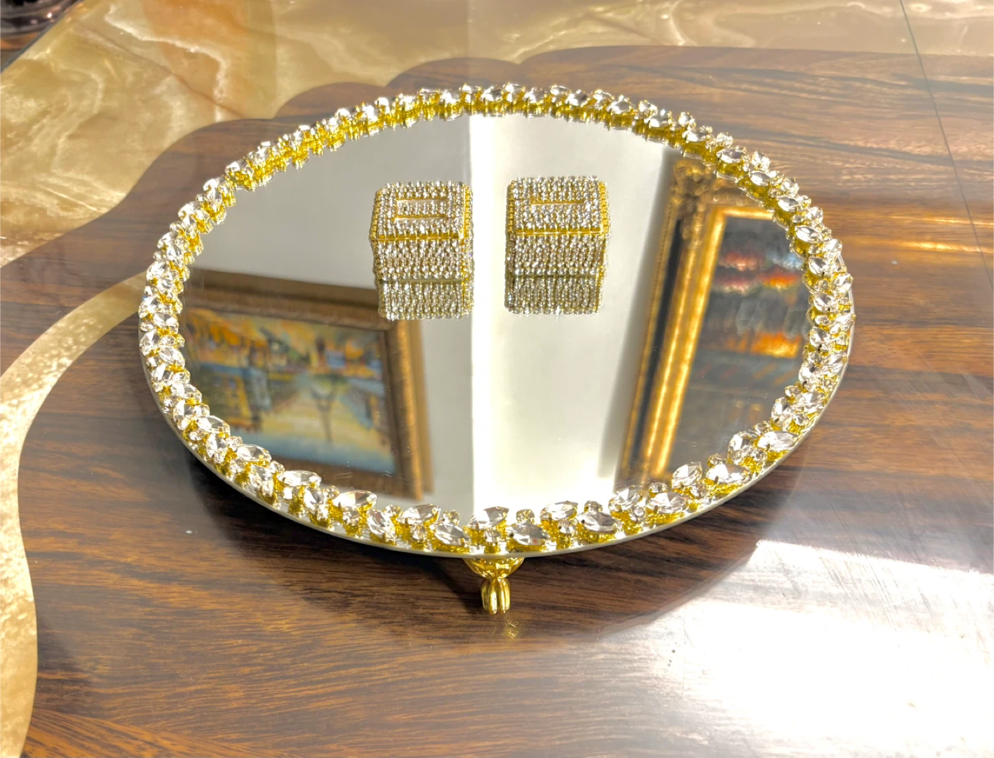 Round mirror tray with gold glass crystal rhinestone trim