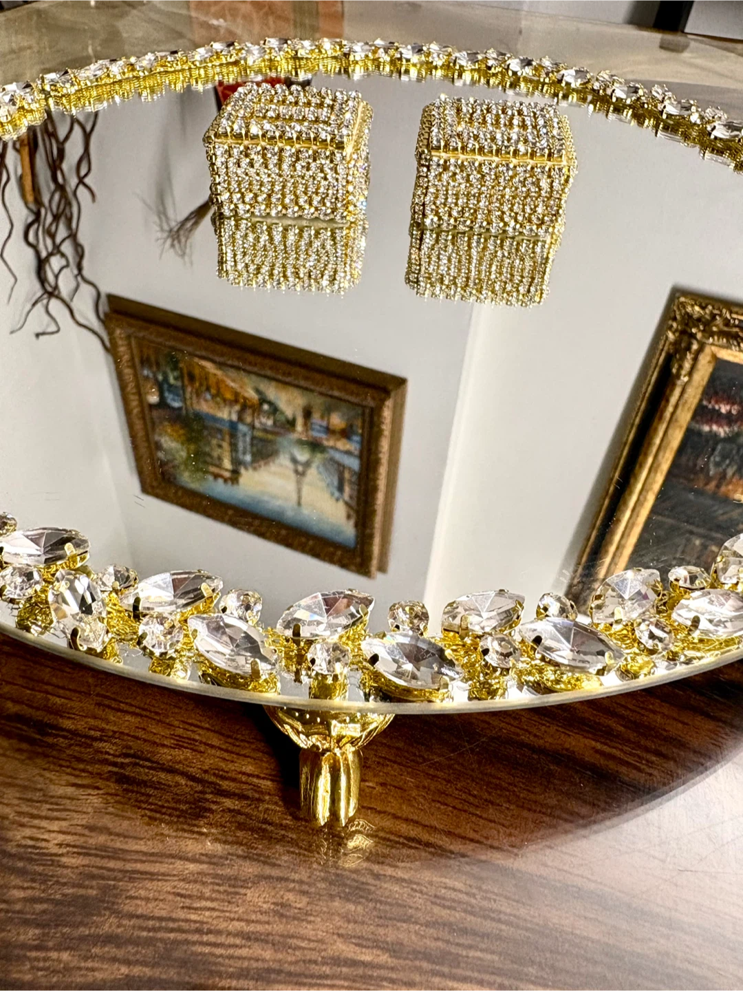 Round mirror tray with gold glass crystal rhinestone trim - photo 2