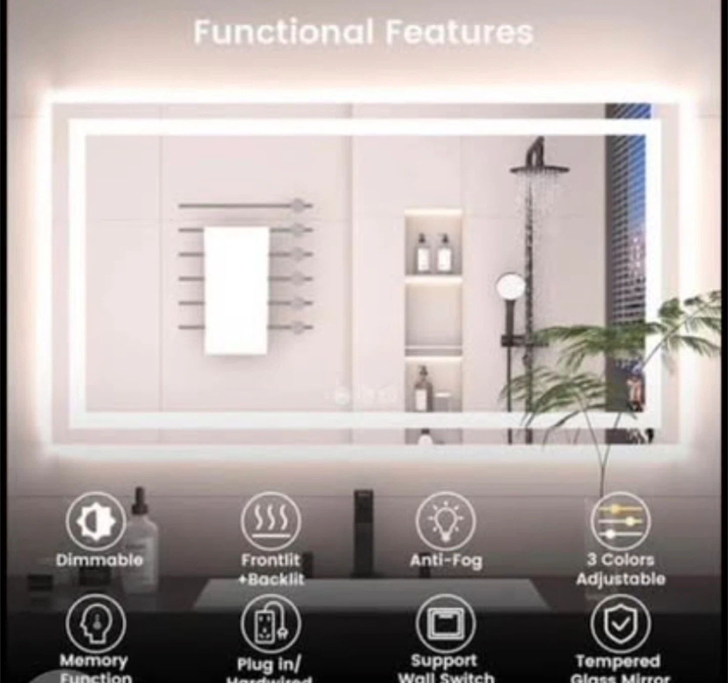 LED Bathroom Mirror with Backlit, Anti-Fog, 3 Color Adjustable