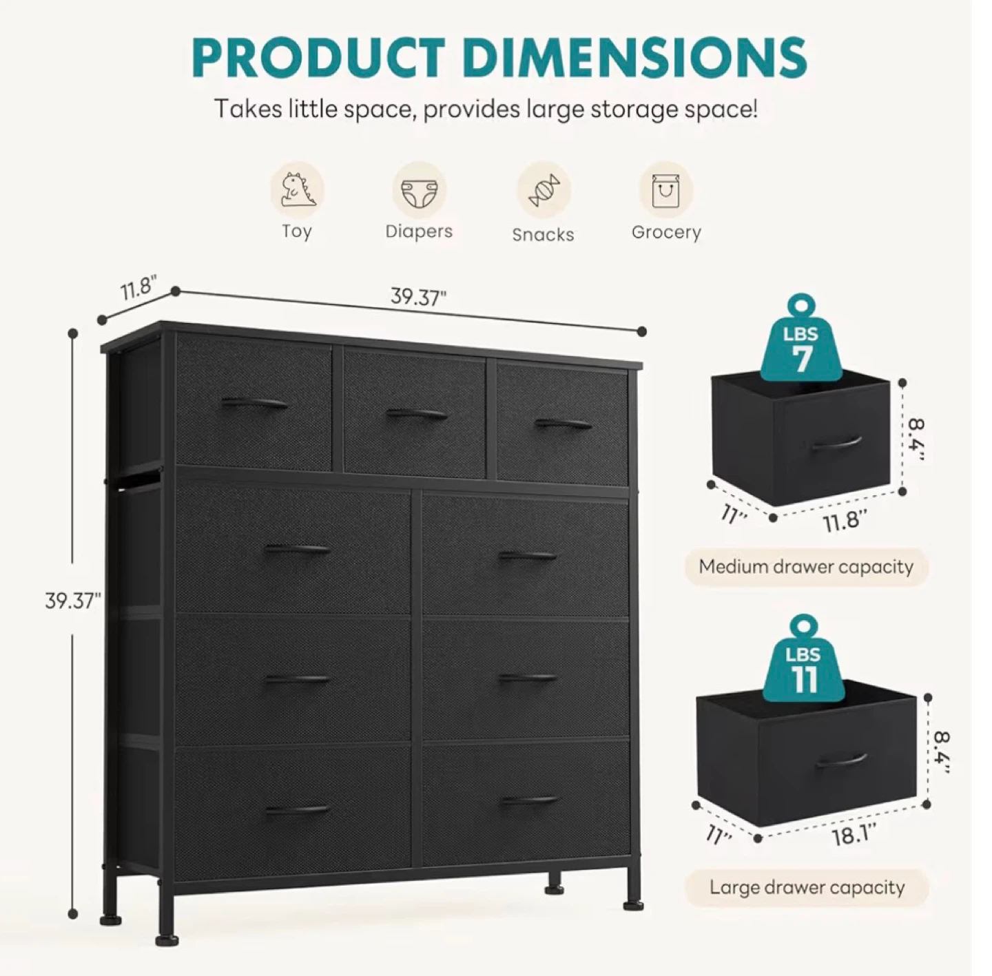 Black 9-Drawer Fabric Dresser with Metal Frame - photo 2