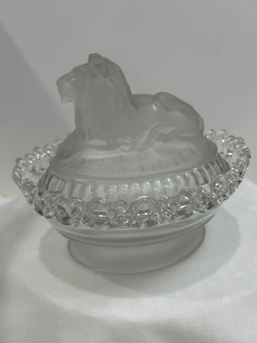 Vintage imperial glass company-Frosted Lion covered candy dish