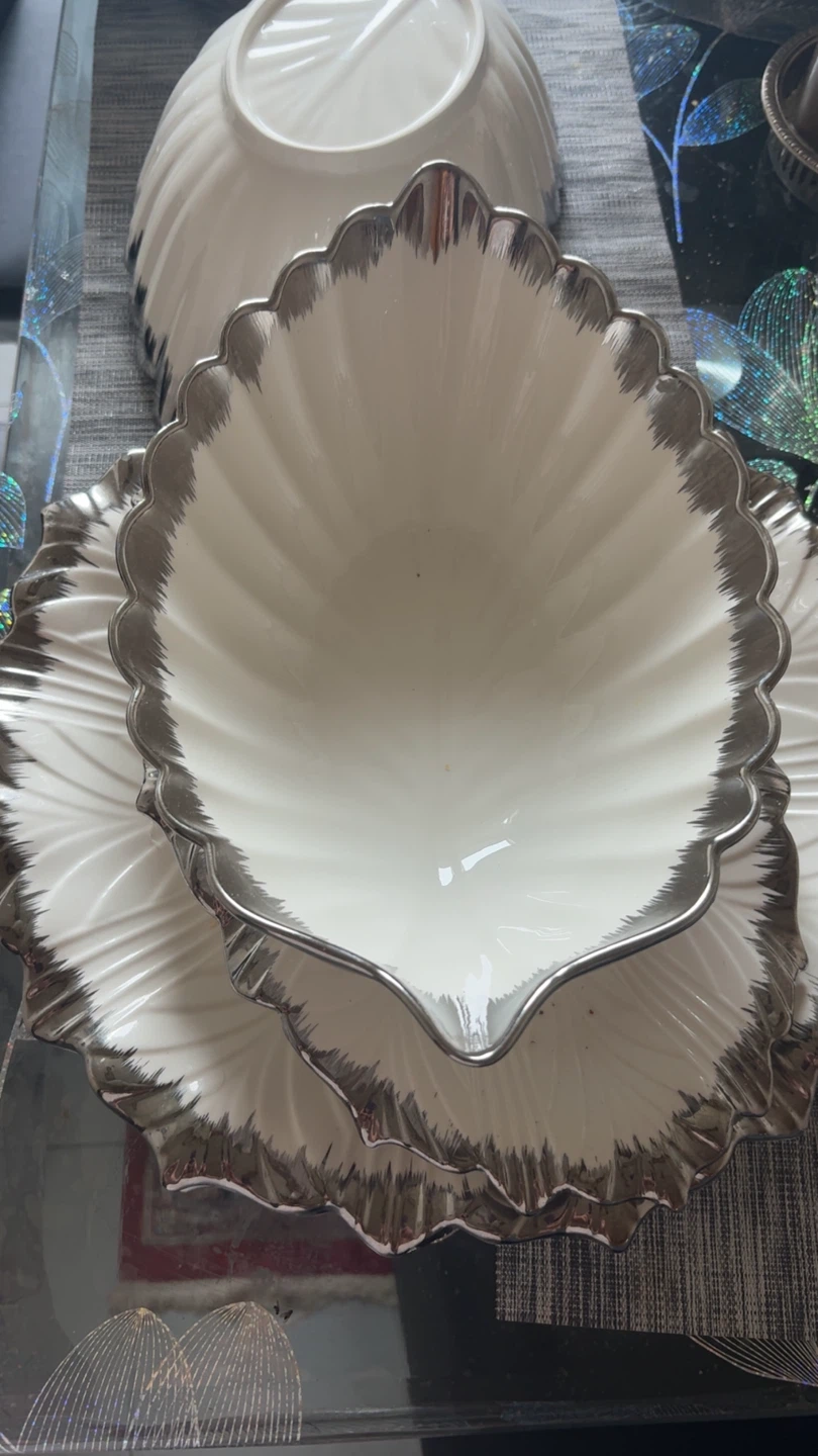 White Leaf Serving Bowls with Silver Rim