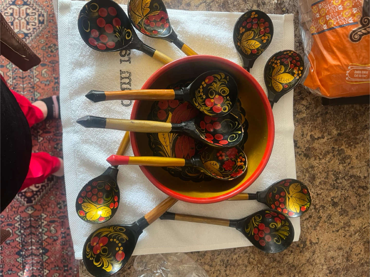 Khokhloma Painted Wooden Spoons and Bowl Set