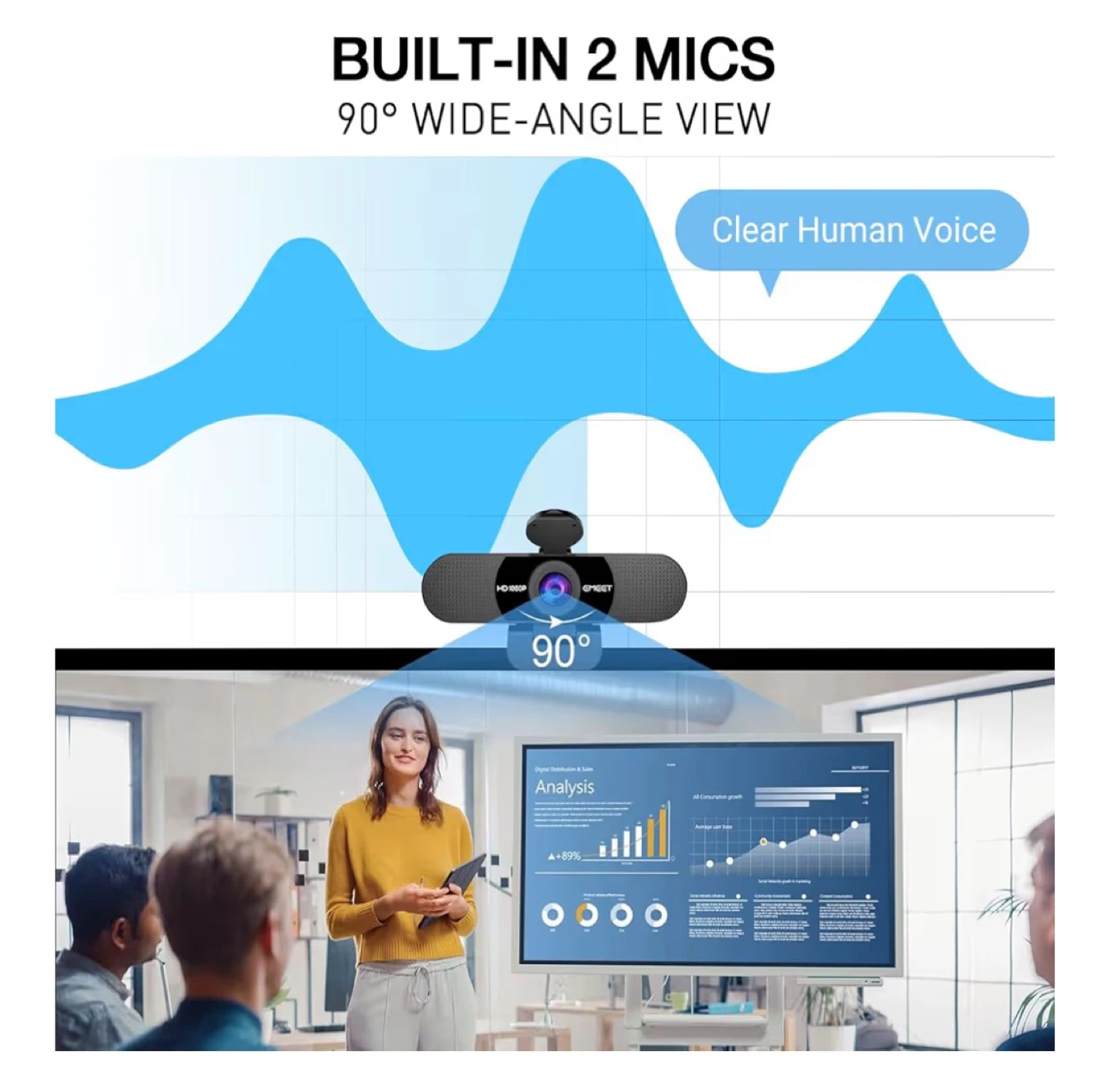 EMEET FHD 1080P Webcam with Built-in Mics & Tripod - photo 2