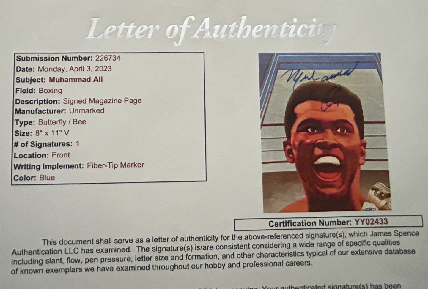 Muhammad Ali Signed Magazine Page with Letter of Authenticity - photo 4