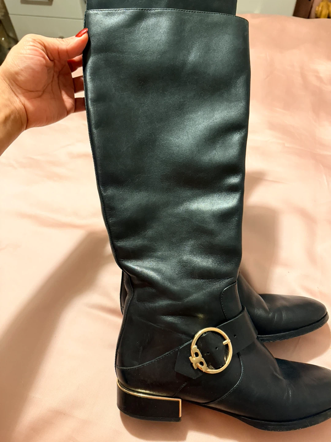 Tory Burch Black Leather  Boots with Gold Buckle - Size 8M