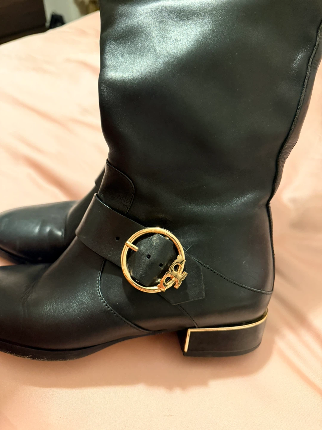 Tory Burch Black Leather  Boots with Gold Buckle - Size 8M - photo 3