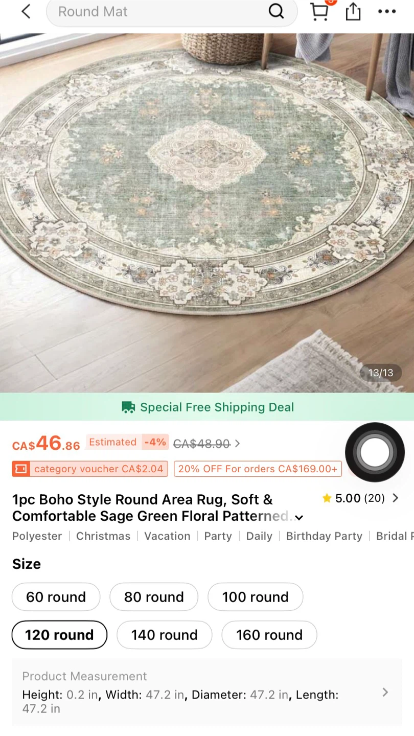 Boho Style Round Area Rug - Sage Green Floral Patterned - photo 3