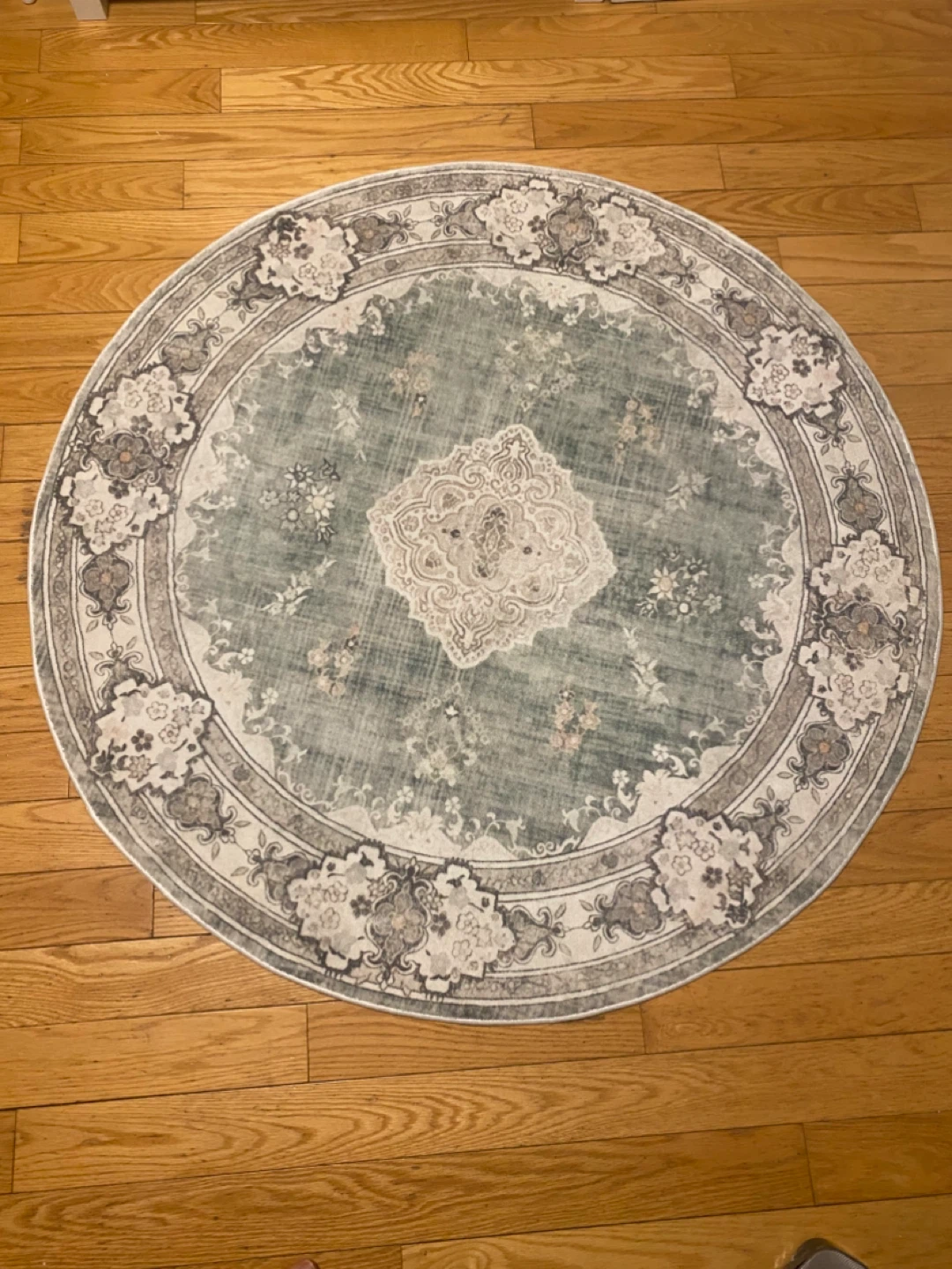 Boho Style Round Area Rug - Sage Green Floral Patterned