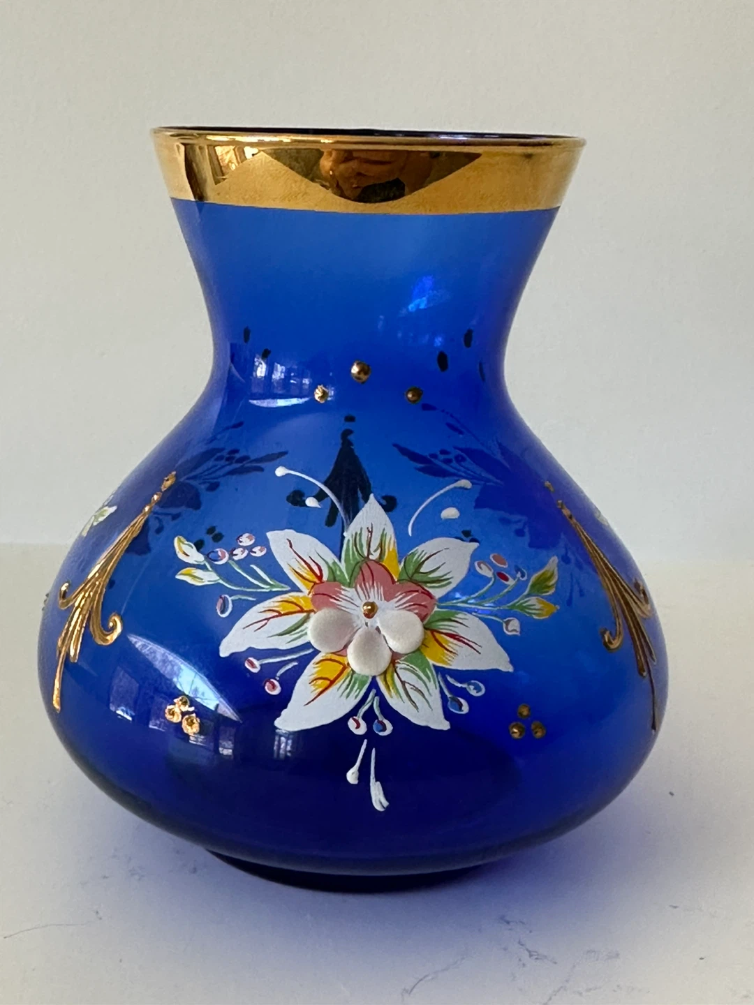 Vintage Italian  Cobalt Blue Hand Painted Glass Vase