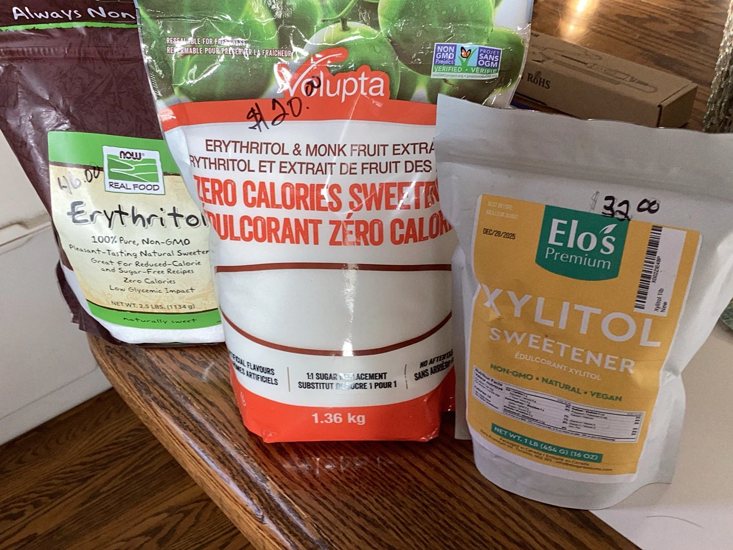 3 bags of different sugar substitute