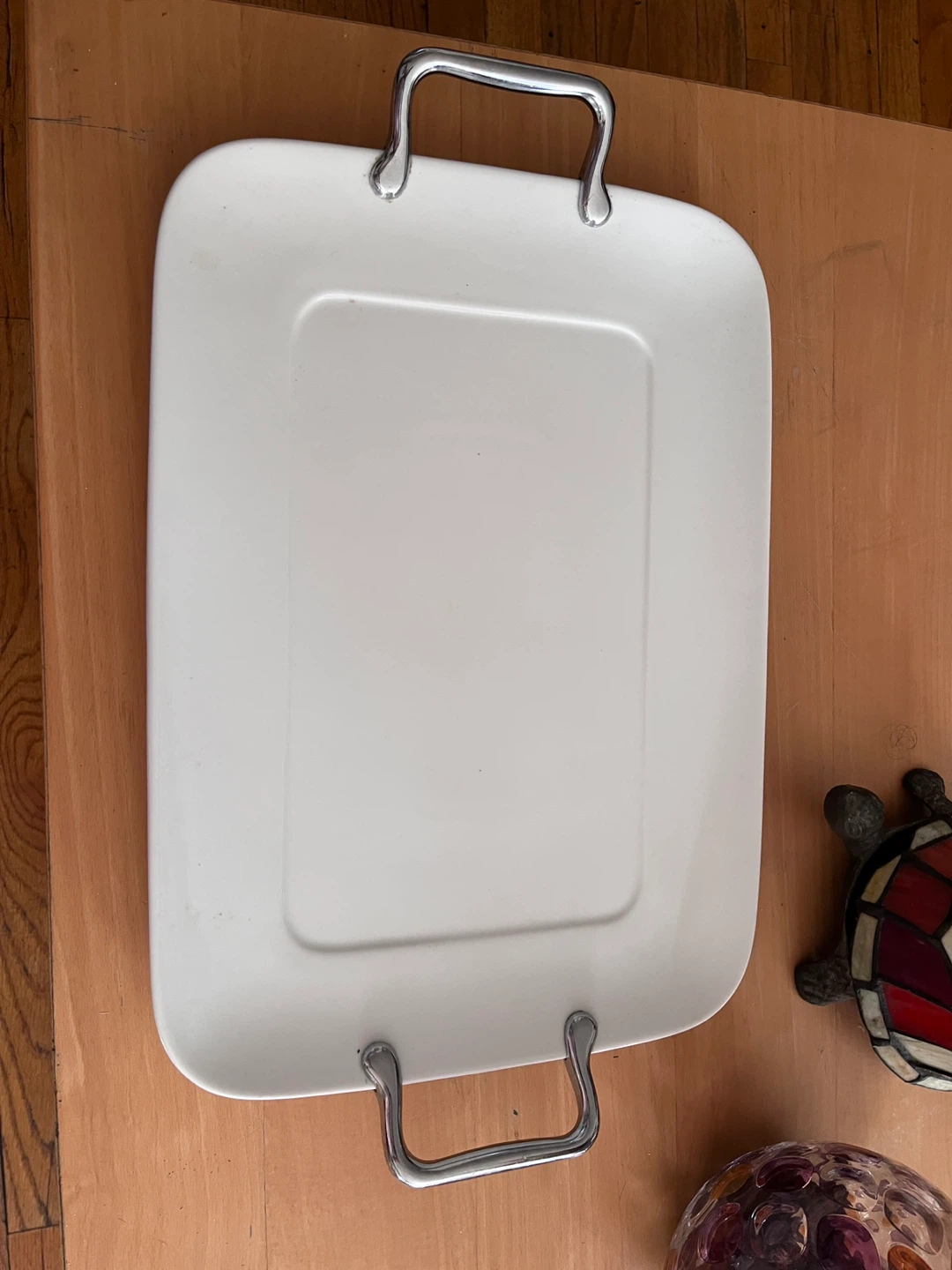 White Serving Platter with Chrome Handles