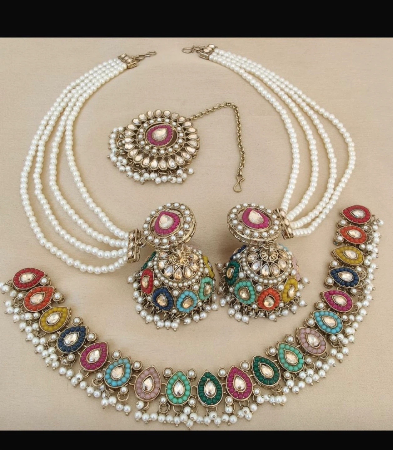 Pearl and Multi-Colour  Set with Earrings and Tikka