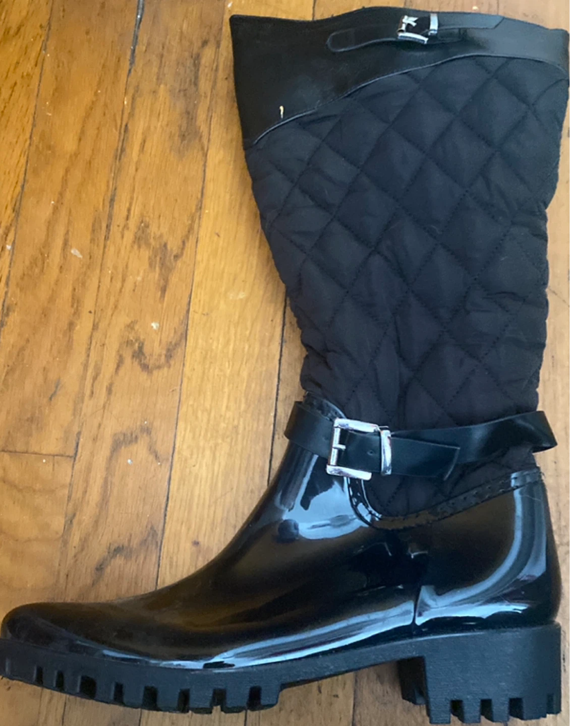 Black Quilted Boots Shoes with Buckle Detail