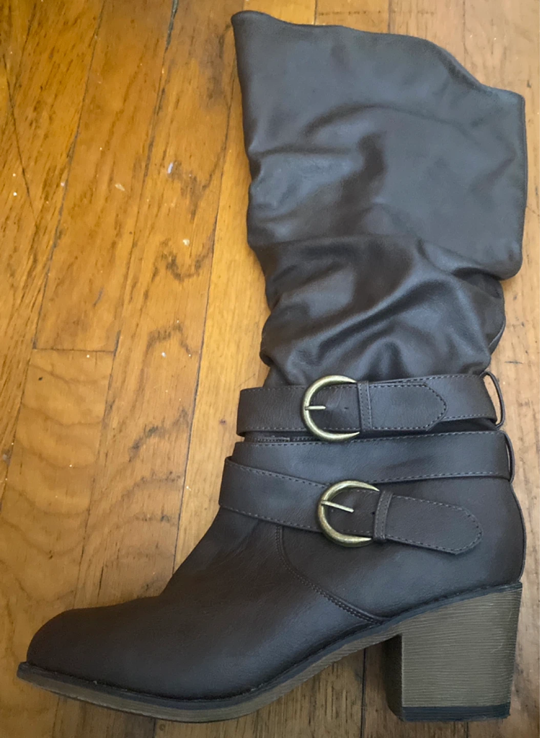 Brown Faux Leather Slouch Boots with Buckles