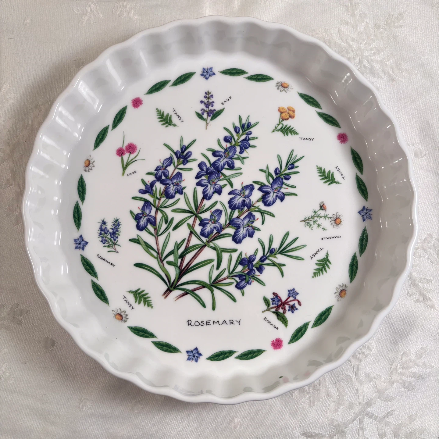 White Ceramic Quiche Tart Dish with Herb Print