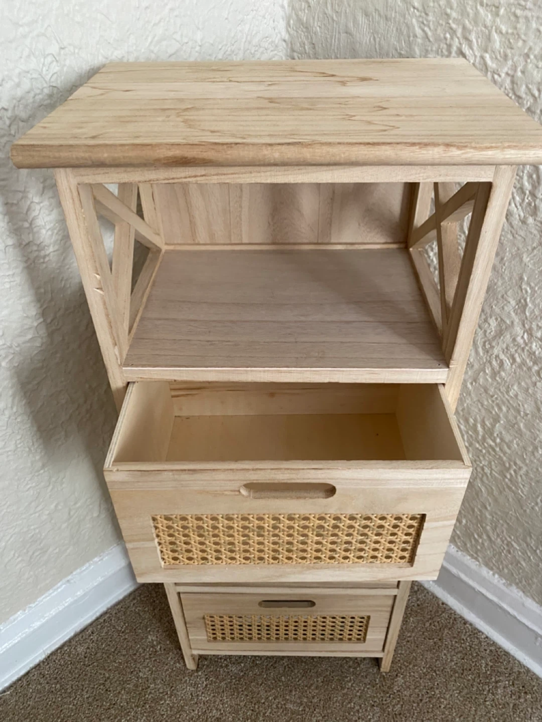 Wooden Narrow Chest of Drawers with Rattan Accents