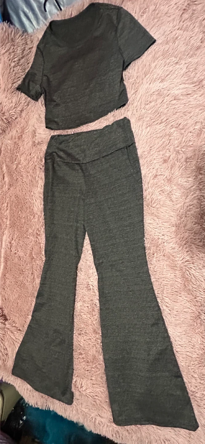 Grey Marled Crop Top and Bell Bottom Pants Set🏆