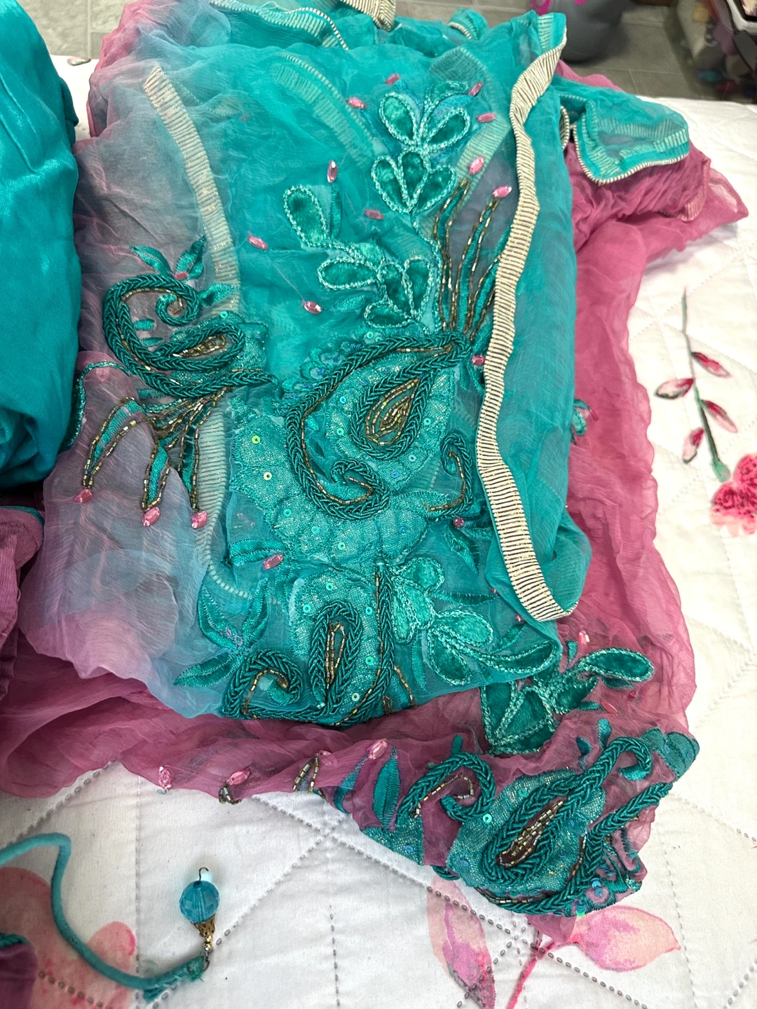 Embroidered Teal and Purple Indian Suit Set - photo 4