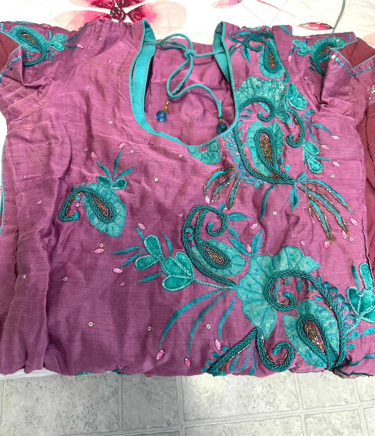 Embroidered Teal and Purple Indian Suit Set - photo 2