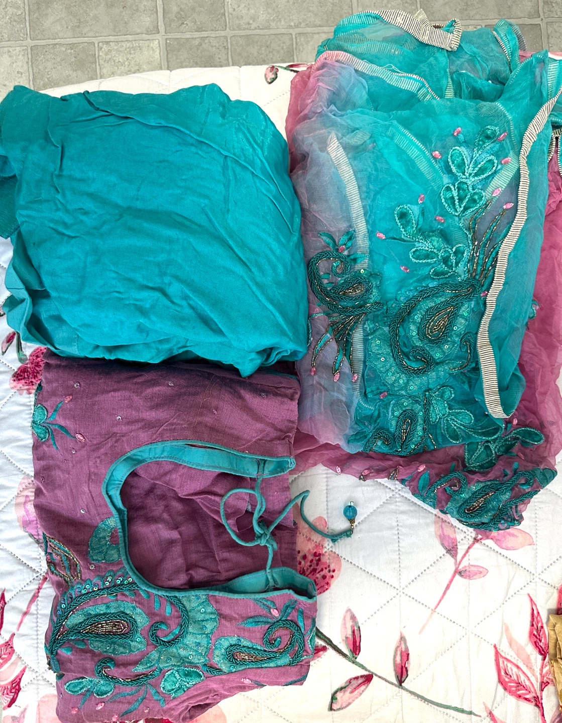 Embroidered Teal and Purple Indian Suit Set - photo 5