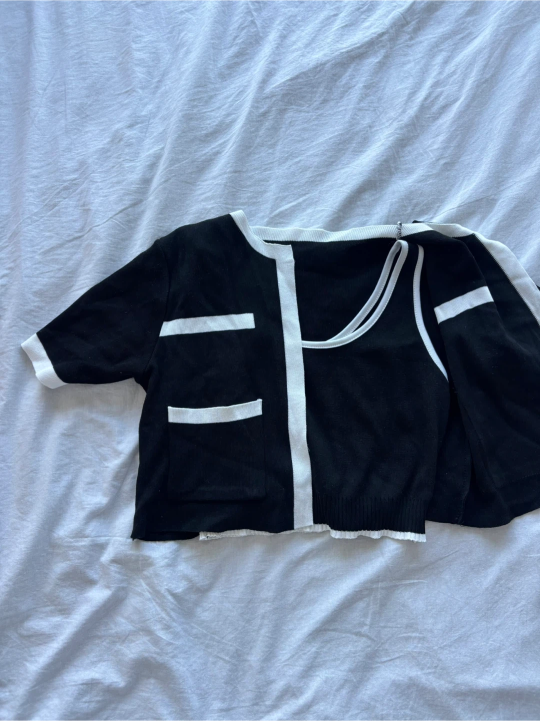 Black and White Knit Tank Top Cardigan Set