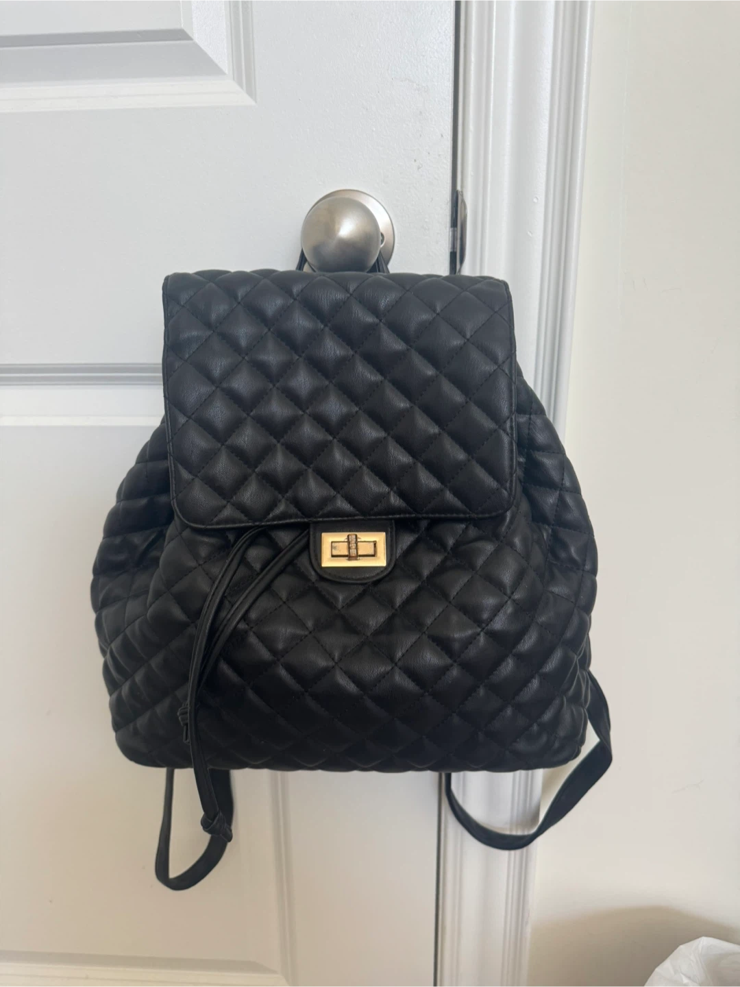 Black Quilted Faux Leather Backpack