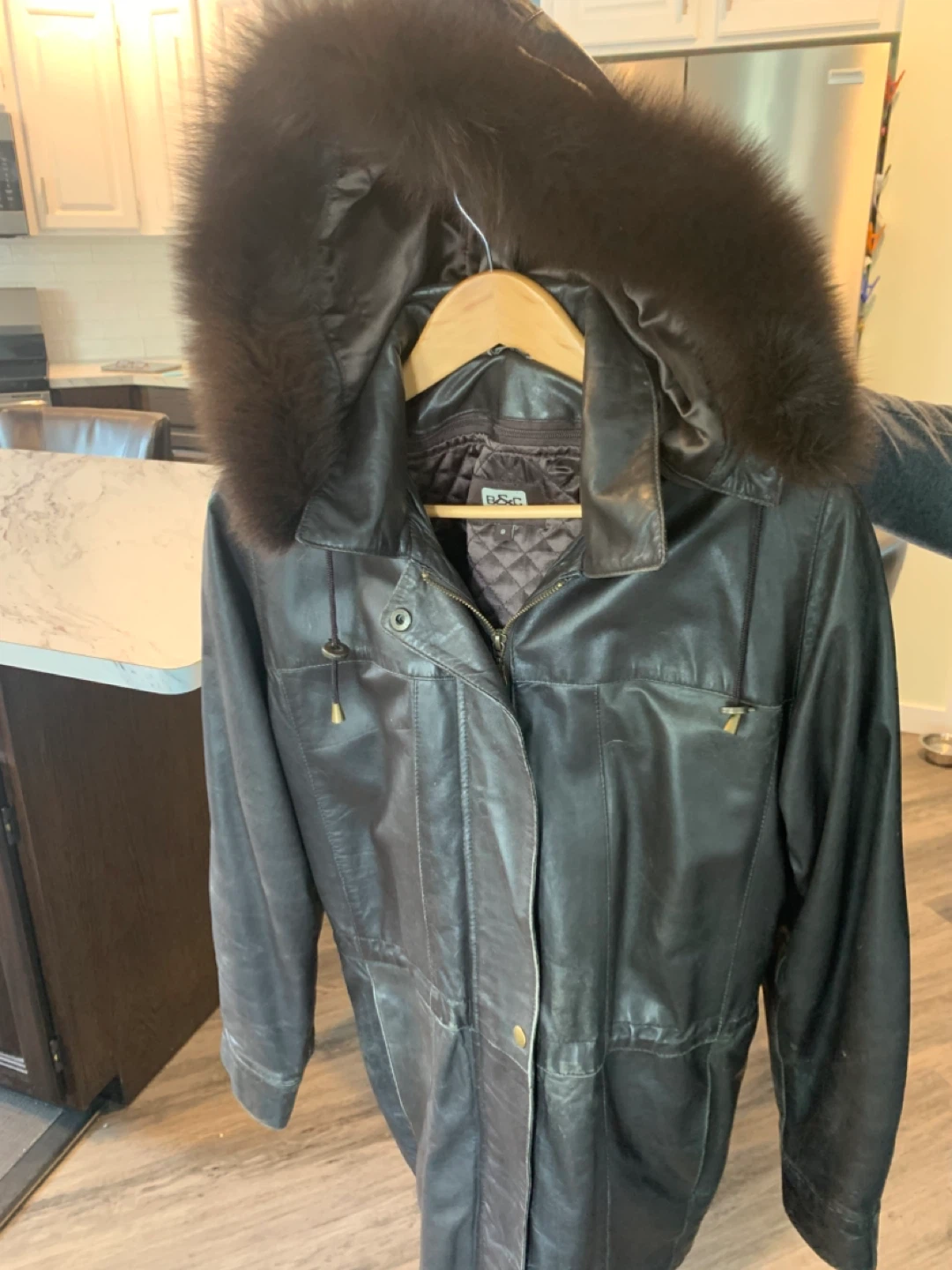 B&C Bod & Christensen Fur Trimmed Leather Parka Jacket Size 8 - photo 2