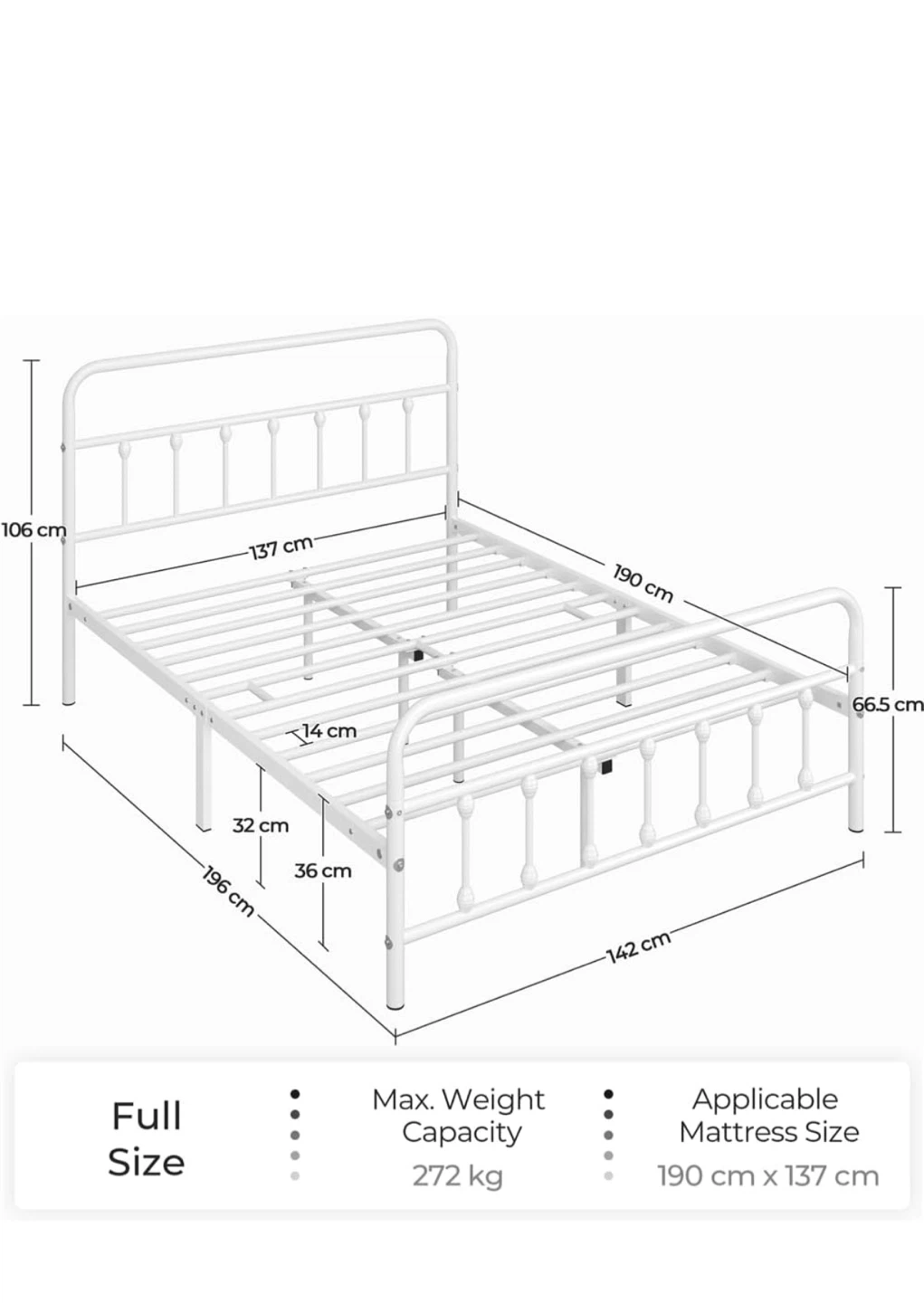 Full Size White Metal Bed Frame with Mattress