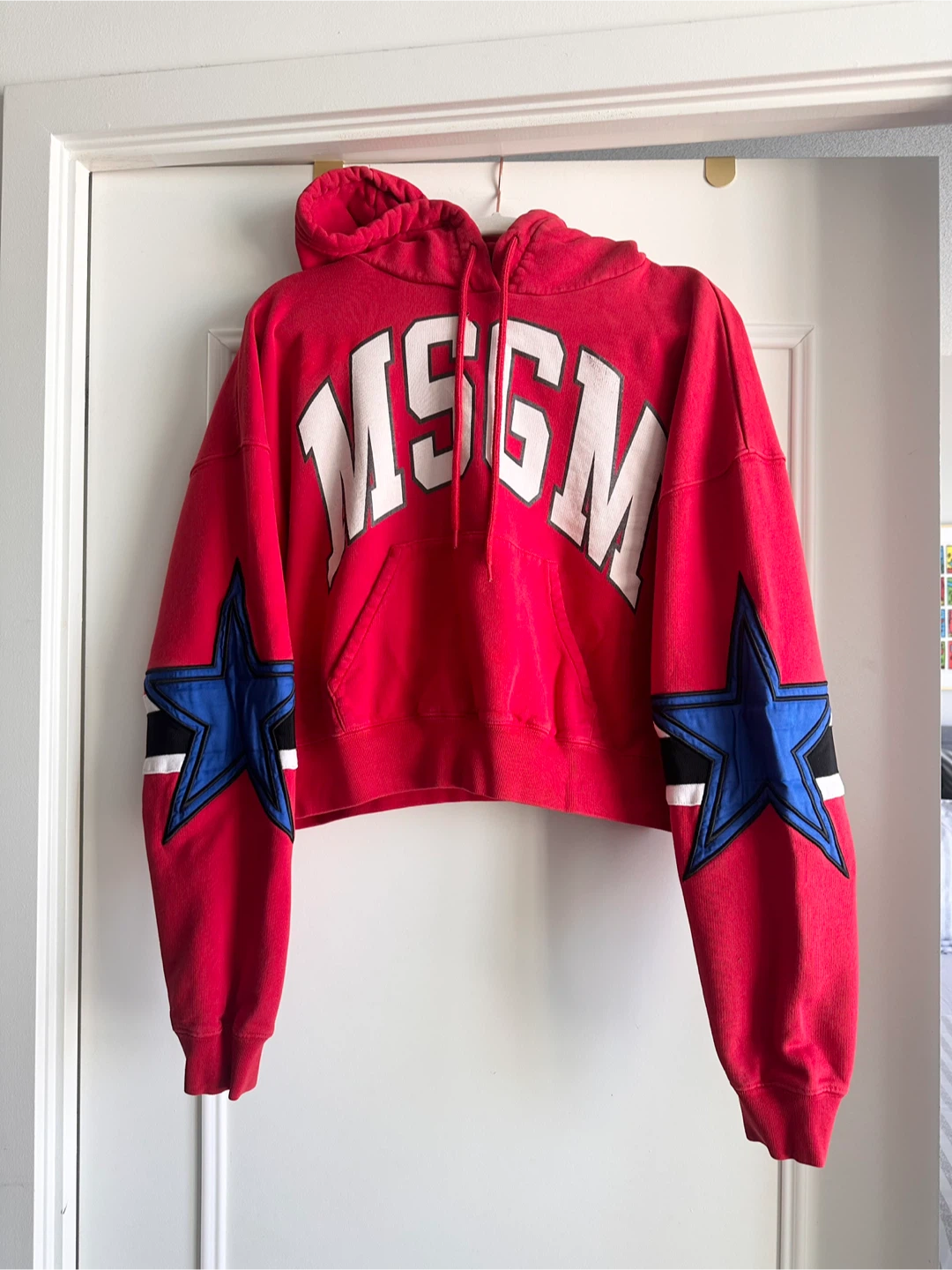 MSGM Milano Red Cropped Hoodie with Stars