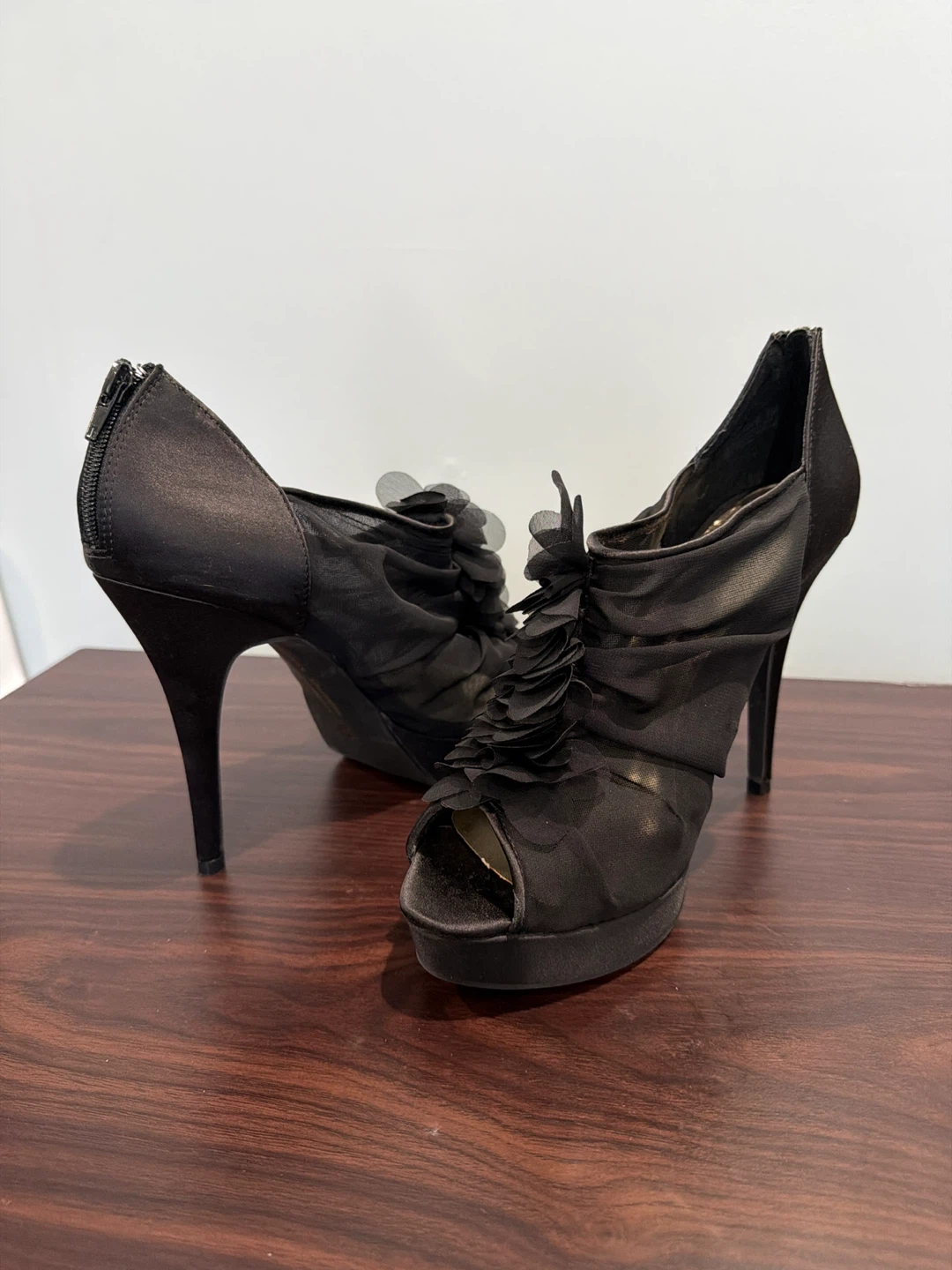 Black Satin Peep-Toe Heels  (never worn)🏆