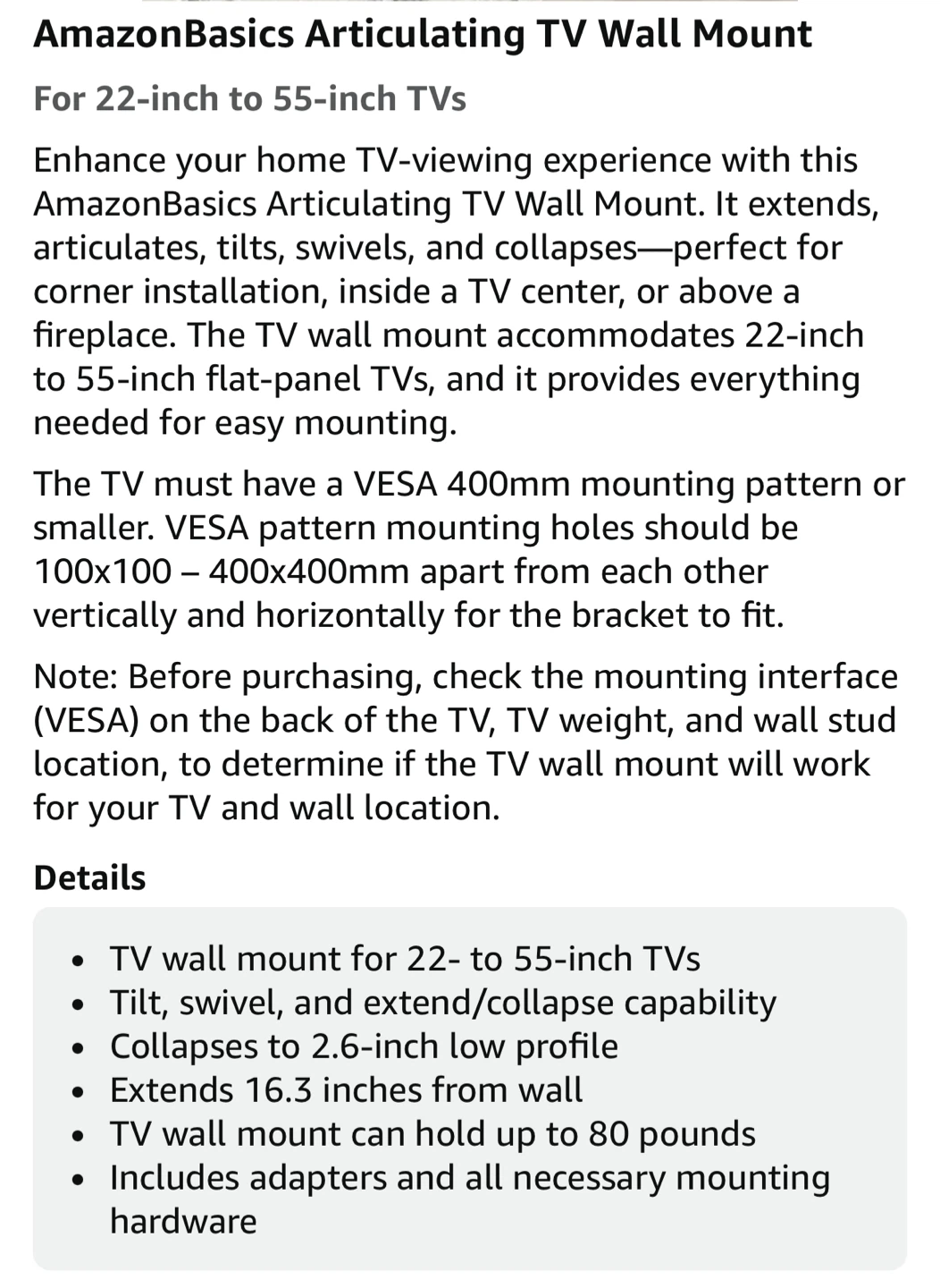 Amazon Basics Articulating TV Wall Mount for 22-55 inch TVs - photo 2